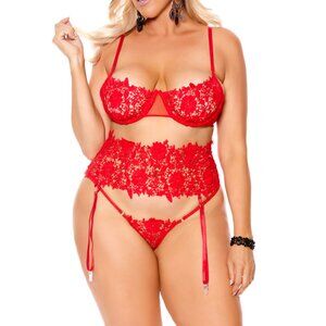 Plus Size Red Lace Mesh Waist Cincher Lingerie Set NWT